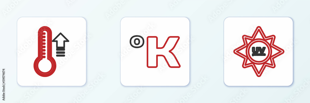 Set line UV protection, Meteorology thermometer and Kelvin icon. Vector Set line UV protection, Meteorology thermometer and Kelvin icon. Vector