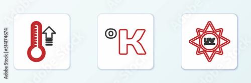 Set line UV protection, Meteorology thermometer and Kelvin icon. Vector