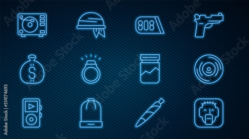 Set line Rapper, Vinyl disk, Drum machine music, Diamond ring, Money bag, player with vinyl, Plastic of drug and Bandana icon. Vector