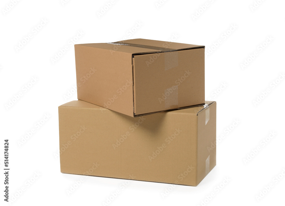 Two closed cardboard boxes isolated on white. Delivery service