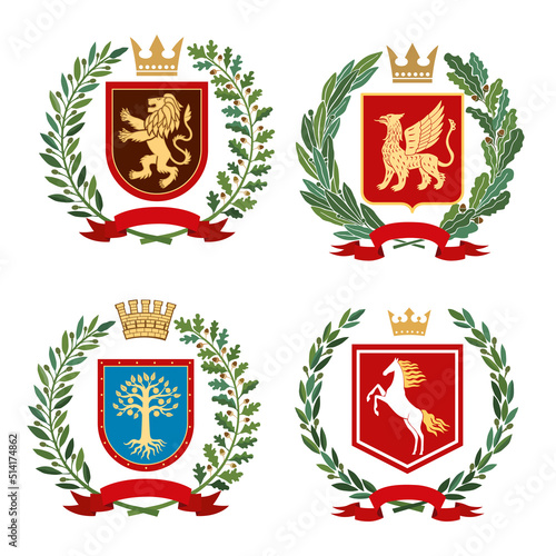 A set of heraldic coats of arms. Lion, griffin, tree and horse on the background of shields. Various family emblems