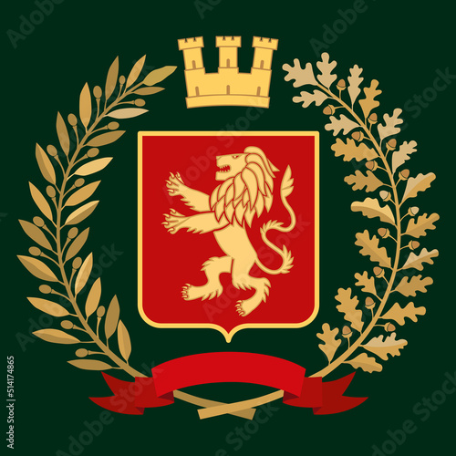 Heraldic image. A golden lion on a red shield. The crown is on top. The laurel branch is a symbol of the winner, and the oak branch is a symbol of valor and strength