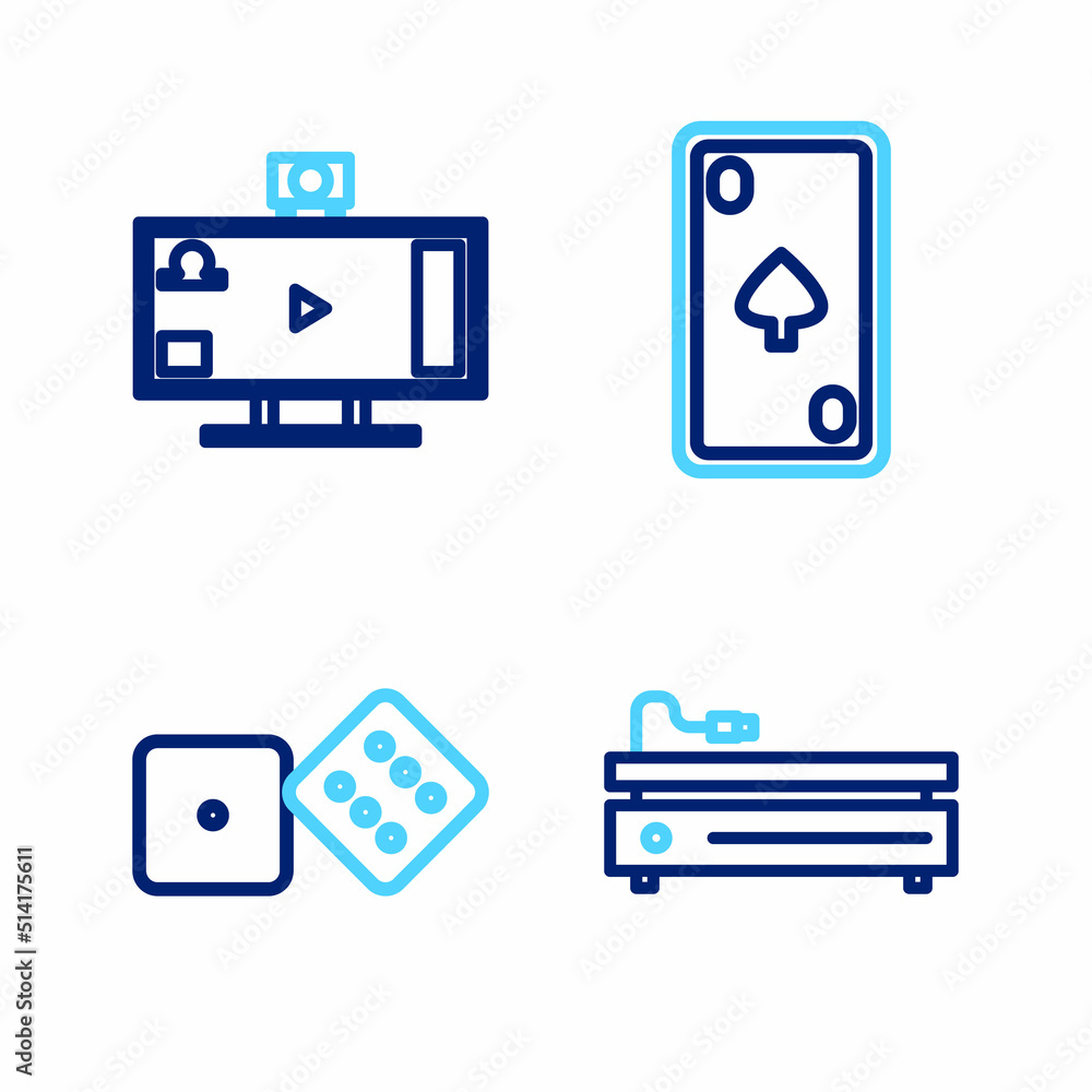 Set line Video game console, Game dice, Playing card with diamonds and Live streaming online icon. Vector Set line Video game console, Game dice, Playing card with diamonds and Live streaming online icon. Vector