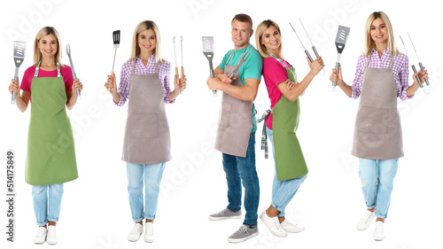 Collage with photos of man and woman holding barbecue utensils on white background