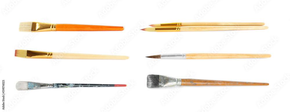 Set of different paintbrushes on white background. Banner design - obrazy, fototapety, plakaty 