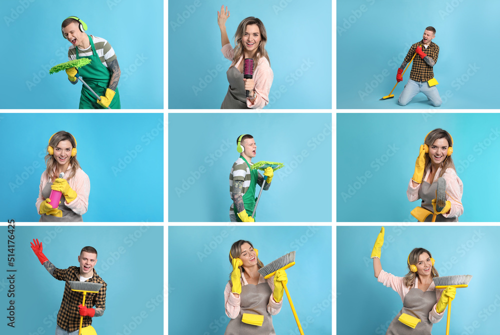 Collage with photos of funny people singing on light blue background Collage with photos of funny people singing on light blue background