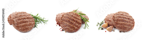 Set with tasty grilled hamburger patties on white background. Banner design