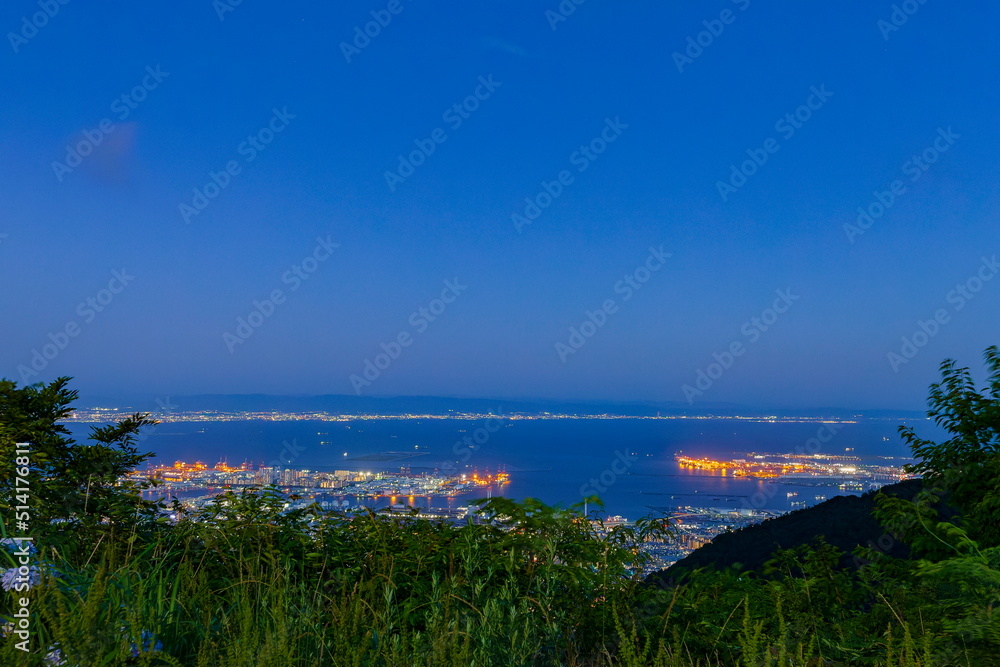 六甲山から眺める神戸の夜景（ポートアイランド、六甲アイランド、対岸には大阪の街明かりも）　神戸市灘区鉢巻展望台にて