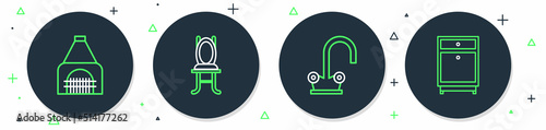 Set line Chair, Water tap, Interior fireplace and Furniture nightstand icon. Vector