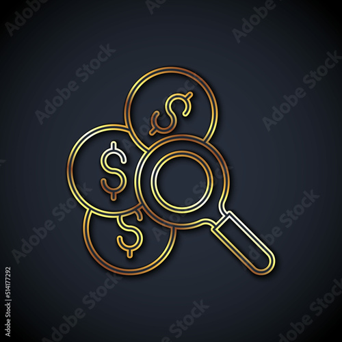 Gold line Search for money icon isolated on black background. Vector