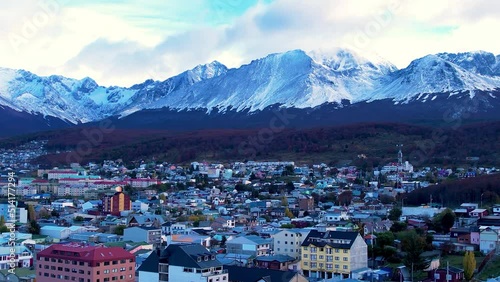 Downtown Ushuaia Argentina at Tierra del Fuego. Natural landscape of scenic town between mountains. Ushuaia Argentina. Patagonia Argentina at Ushuaia Tierra del Fuego Argentina. Downtown city. photo