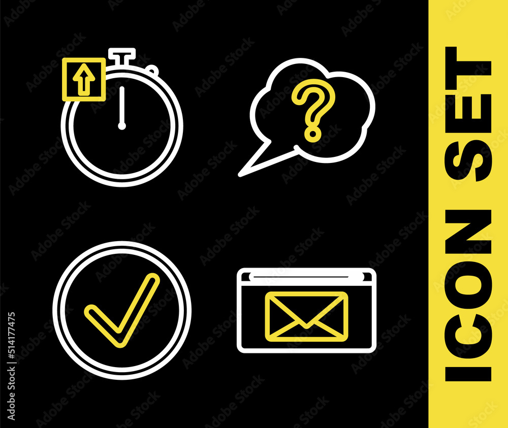 Set line Speech bubble Question, Mail and e-mail, Check mark in circle and Stopwatch icon. Vector Set line Speech bubble Question, Mail and e-mail, Check mark in circle and Stopwatch icon. Vector