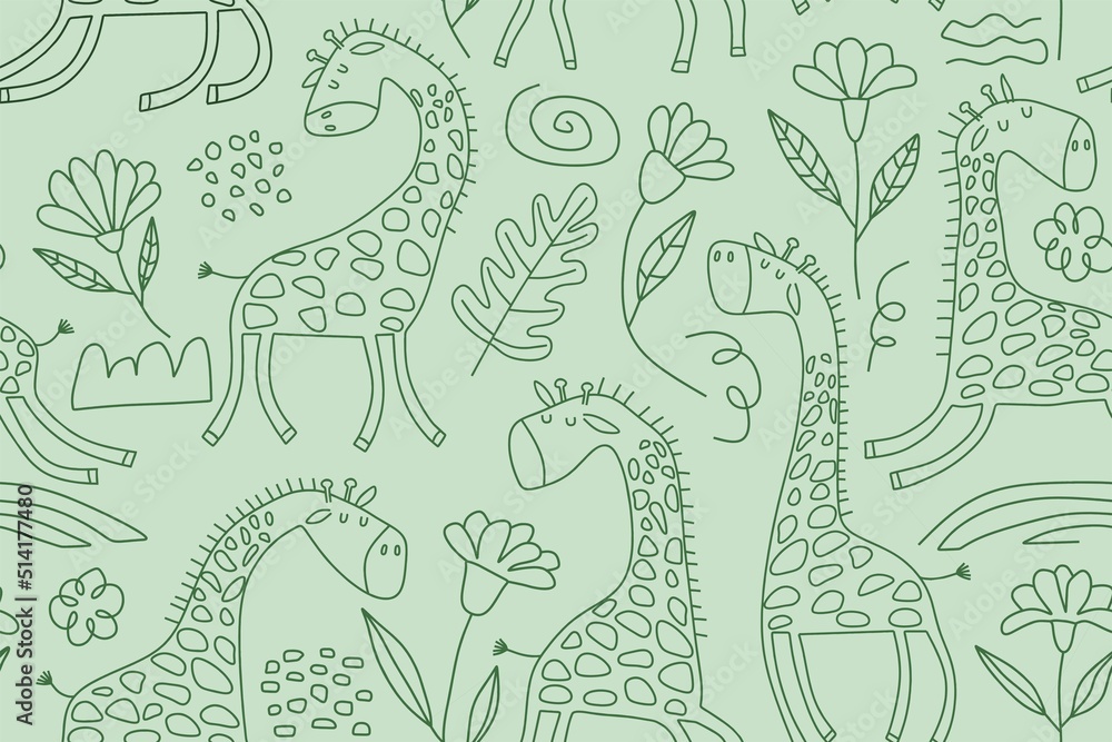 Fototapeta premium Cute seamless pattern with wild animals line art.