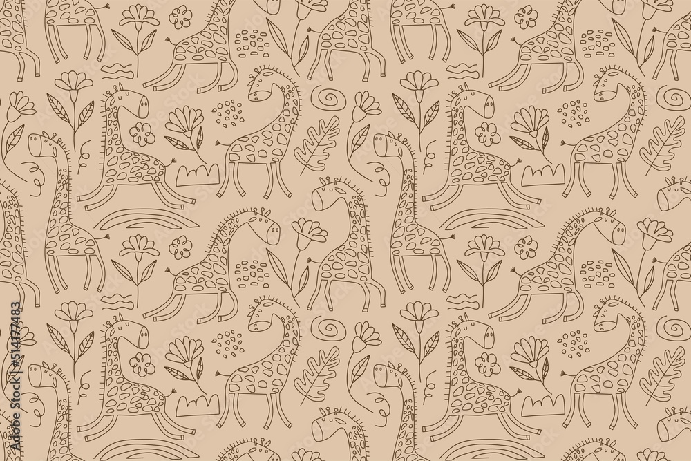 Vector Seamless Safari Pattern with cute Giraffes.