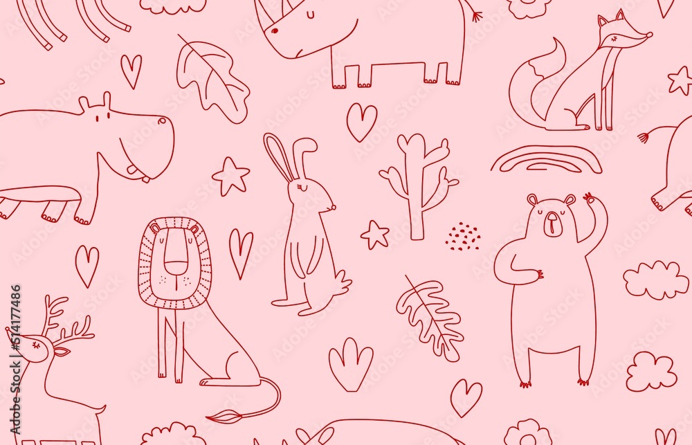 Cute seamless pattern with wild animals line art. Cute seamless pattern with wild animals line art.