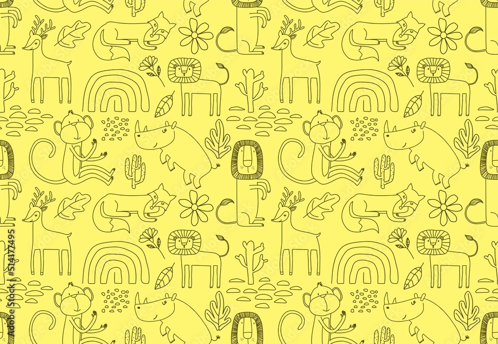 Cute seamless pattern with wild animals line art. Cute seamless pattern with wild animals line art.