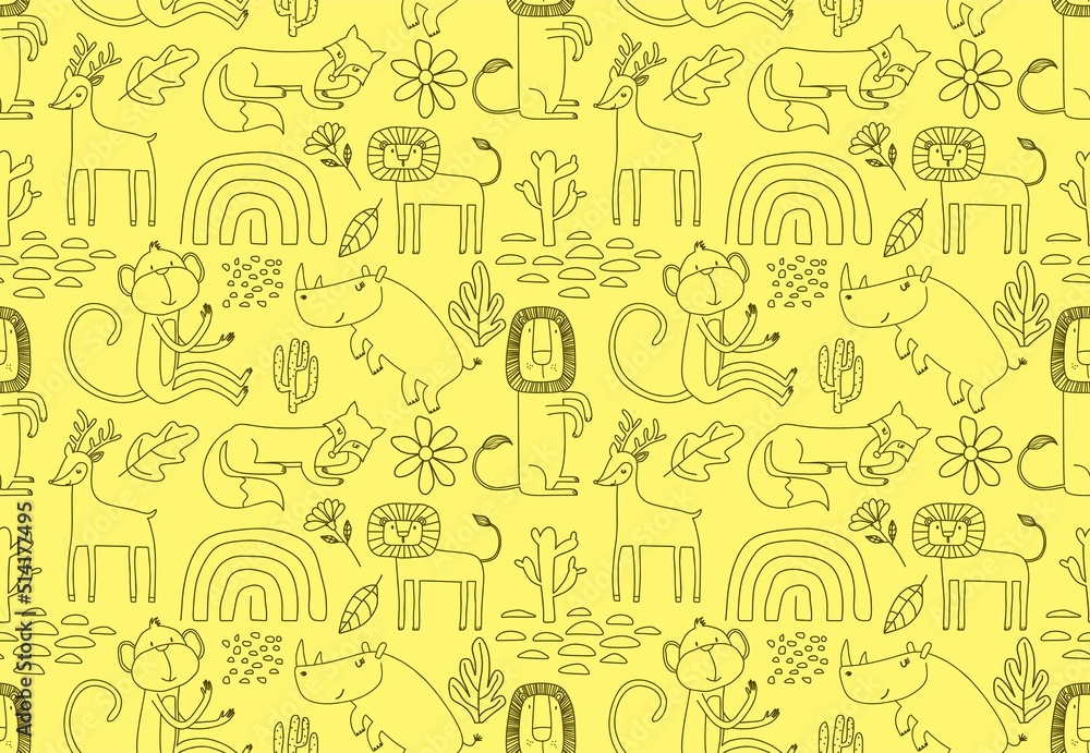 Cute seamless pattern with wild animals line art.