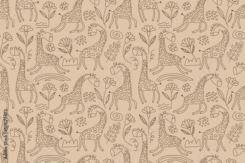 Vector Seamless Safari Pattern with cute Giraffes.