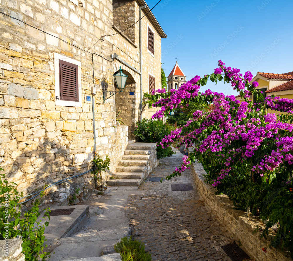 charming cobblestone street in old town of Omis in Dalmatia in Croatia