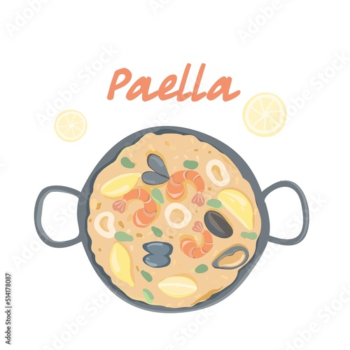 Paella illustration. Traditional Spanish cuisine. Seafood in paella.