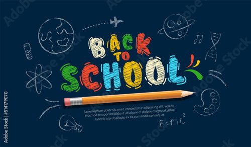 Colorful chalk drawn back to school lettering with realistic pencil background. Online courses, learing and tutorials Web page template. Online education concept