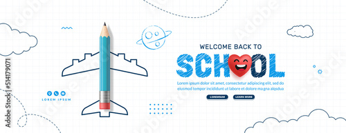 Back to School horizontal banner with colored pencil plane. Online courses, learing and tutorials Web page template. Online education concept photo