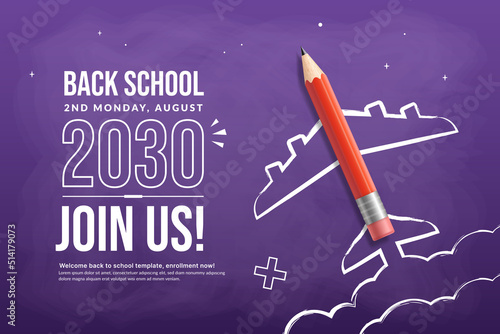 Realistic Pencil with Plane doodle take off background, Concept of Back to school for invitation poster and banner