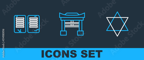 Set line Star of David, The commandments and Japan Gate icon. Vector