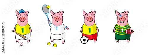 Set of cartoon pigs playing sports.