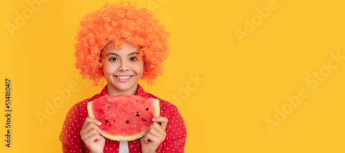 healthy food. fructose healthy eating on summer vacation. fancy teen girl having fun. Summer girl portrait with watermelon, horizontal poster. Banner header with copy space.