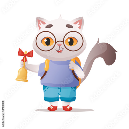 A vector illustration of a cute cat at school. A sticker or a card for the beginning of school days. 