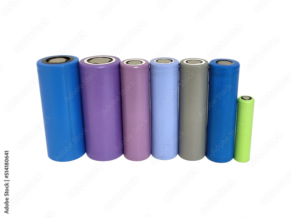 A row of rechargeable lithium-ion batteries in various sizes and colors, ranging from blue to green. The batteries are arranged in descending order of size A row of rechargeable lithium-ion batteries in various sizes and colors, ranging from blue to green. The batteries are arranged in descending order of size