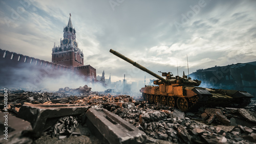 Ruined Moscow and Red Square on fire. End of the Russian. War on Red Square. 3d illustration photo