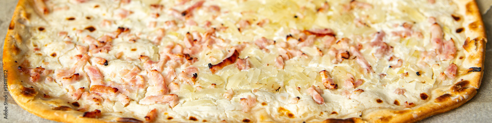 savory pie Flammkuchen bacon, onion, sour cream delicious pastries fresh meal food snack on the table copy space food background rustic savory pie Flammkuchen bacon, onion, sour cream delicious pastries fresh meal food snack on the table copy space food background rustic