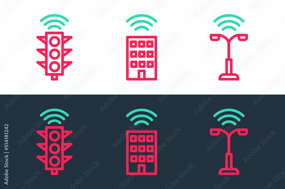 Naklejka premium Set line Smart street light, traffic and home with wireless icon. Vector