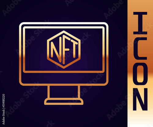 Gold line Monitor with art store app icon isolated on black background. Technology of selling NFT tokens for cryptocurrency. Non fungible token concept. Vector