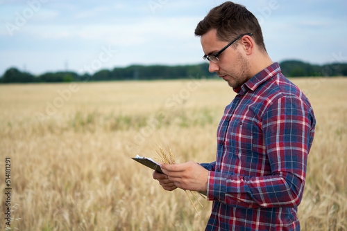 Farmer holding tablet  agronomist using online data management software  creating yield maps in wheat field