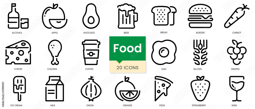 Simple Outline Set of food icons. Linear style icons pack. Vector illustration