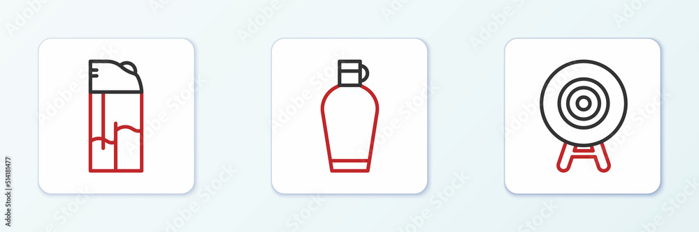 Set line Target sport, Lighter and Canteen water bottle icon. Vector Set line Target sport, Lighter and Canteen water bottle icon. Vector