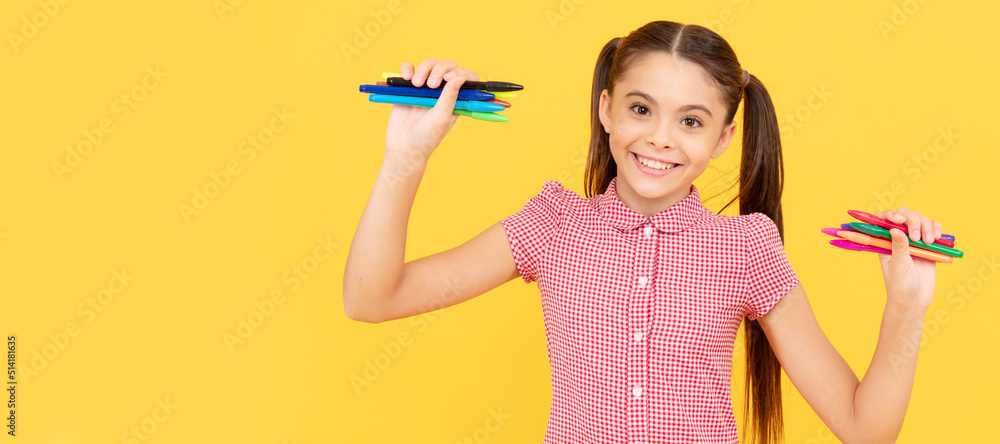 smiling child ready to draw picture. office supplies for school. stationery for painting. Portrait of school girl student, studio banner header. School child pupil face, copy space. smiling child ready to draw picture. office supplies for school. stationery for painting. Portrait of school girl student, studio banner header. School child pupil face, copy space.