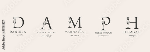 Collection of Botanical Minimalistic, Initial, Letter Feminine Logos with Organic Plant Elements