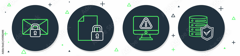 Set line Document and lock, Monitor with exclamation mark, Mail message password and Server shield icon. Vector Set line Document and lock, Monitor with exclamation mark, Mail message password and Server shield icon. Vector