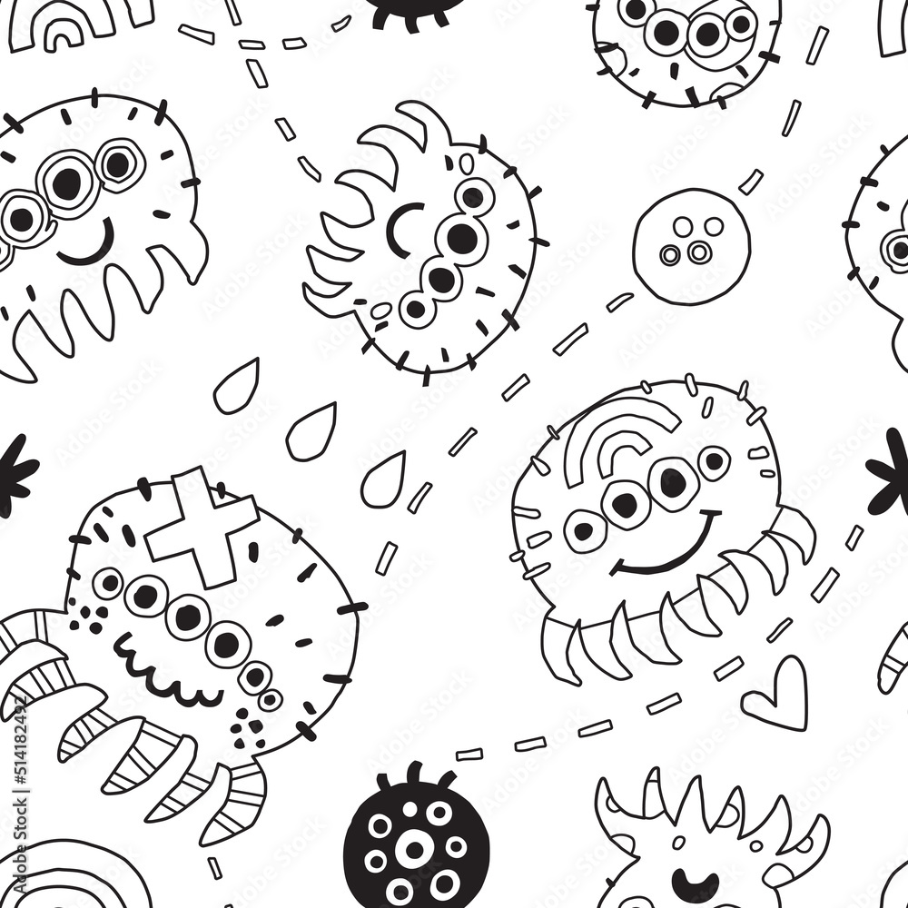 Cartoon doodle background with spiders in contour Cartoon doodle background with spiders in contour