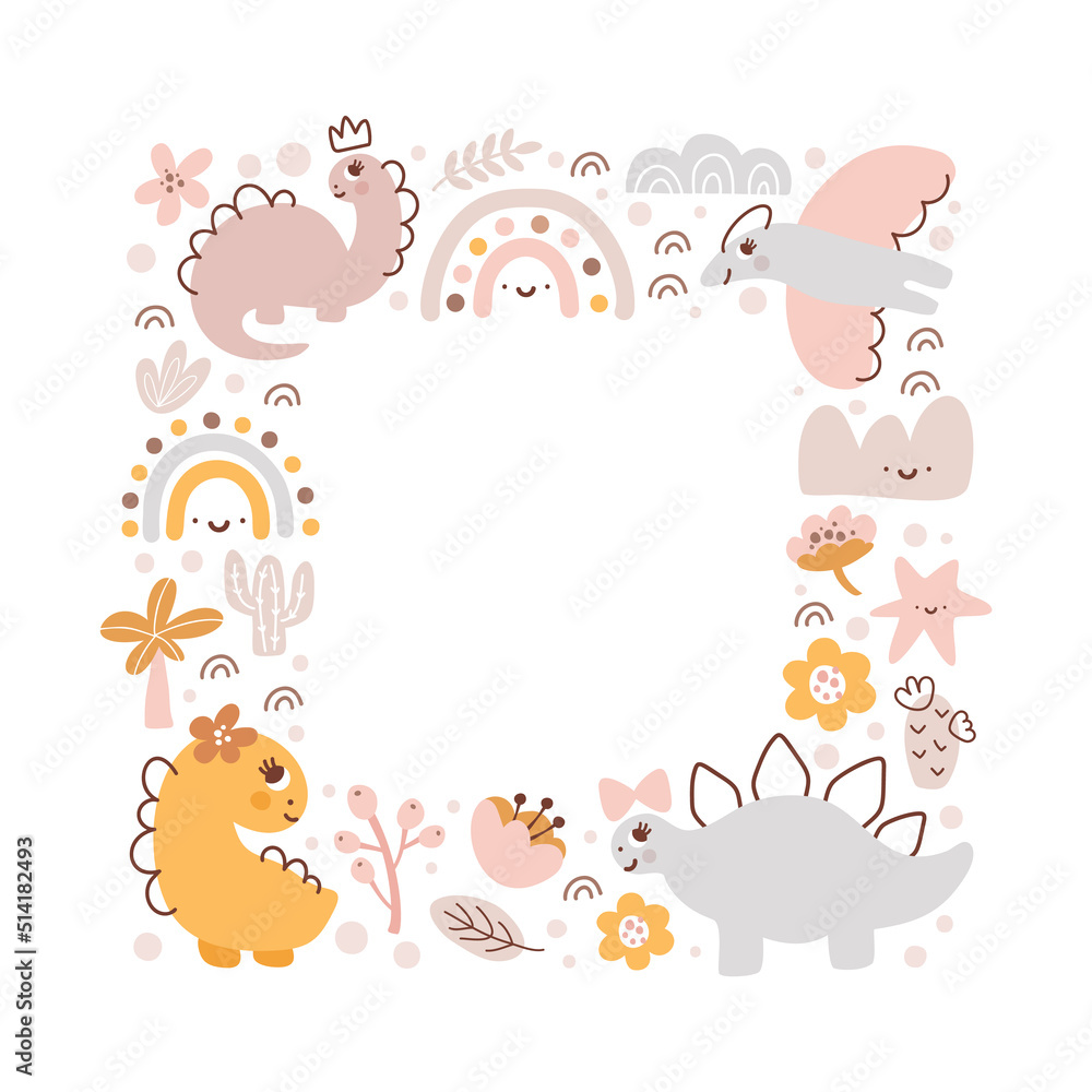 Fototapeta premium Square Vector dino girl frame with dinosaurs and hand drawn flowers, palm, rainbow and cactus with place for your text. Greeting card, poster design scandinavian element