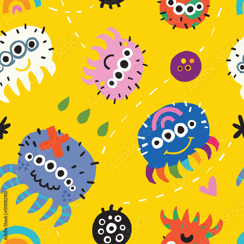 Cartoon funny background with colourful spiders