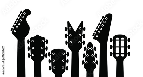 Cartoon electric, guitars headstock Rock music guitar necks or head silhouette Vector icon or logo. Musical, acoustic entertainment. Guitar head symbol. Bass Guitar headstock or peghead silhouette. 