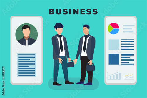 Businessman conversation and shaking hand concept vector. Man flat character illustration dealing with another businessman. Business conversation and employee flat design with graph chart and resume.