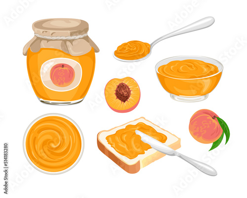 Peach jam set. Vector glass jar with jelly, marmalade spread on piece of toast bread, knife, spoon, bowl and ripe fruit isolated on white background.  Cartoon illustration of sweet food.