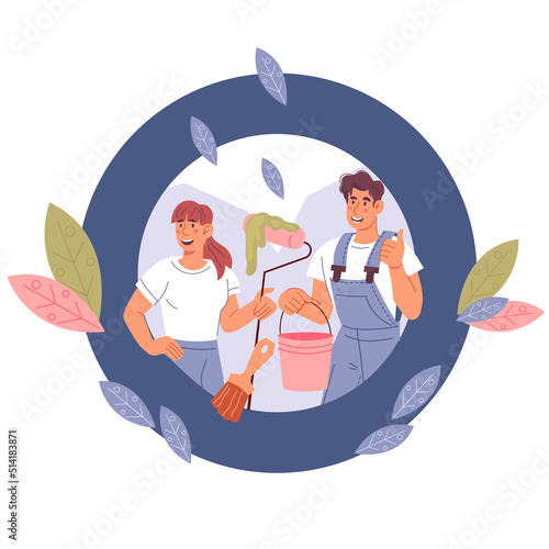 Home painting renovation, repair and remodeling works service emblem or logo design flat vector isolated on white. professional house renovation and remodeling works.