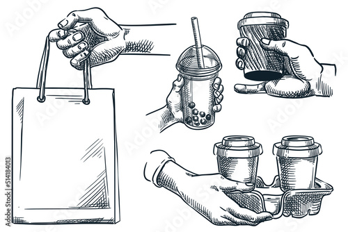 Take away food and drink packs. Human hand holding coffee cups and paper bag. Vector hand drawn sketch illustration